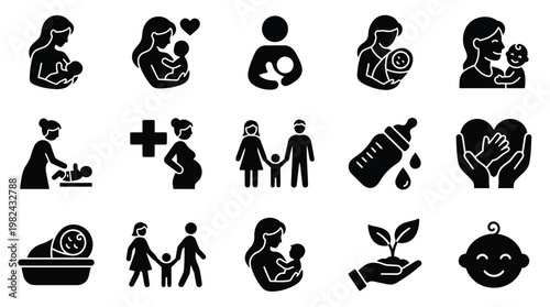 Collection of black and white icons representing motherhood, pregnancy, childcare, family, and new life, symbolizing care and nurturing.