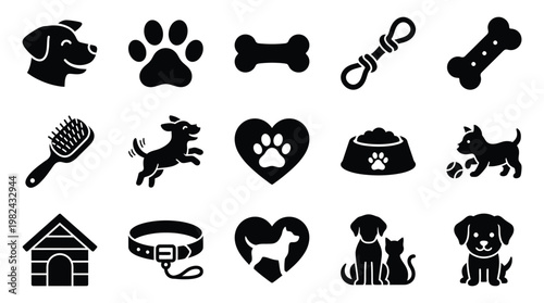 Collection of black and white icons representing various dog-related items and activities, including a dog's head, paw prints, bones, toys, grooming brush, house, collar, and food bowl.