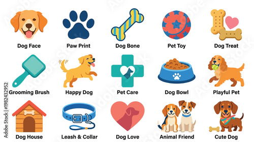 A vibrant collection of colorful cartoon illustrations depicting various aspects of dog ownership and care, including breeds, toys, and accessories.