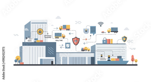 Global Logistics and Smart Supply Chain Management Infographic Featuring Optimized Tracking, Warehouse Operations, Freight Transportation, and Secure Real-Time Shipping.