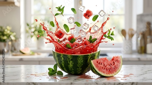 Semangka segar dan daun mint di dalam mangkuk dengan es dan buah berair, suasana ceria untuk minuman menyegarkan di dapur modern