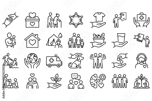 Collection of outline icons representing various aspects of charity and social assistance.