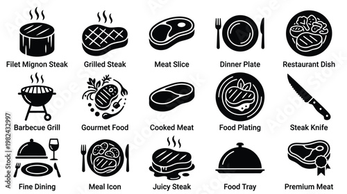 Collection of 15 black and white icons representing various meat dishes, cooking methods, and dining elements.