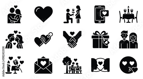 A collection of black and white icons representing various aspects of love, romance, and relationships, including couples, hearts, proposals, and gifts.