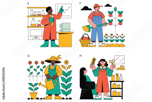Diverse professionals working in science, farming, and hairdressing.