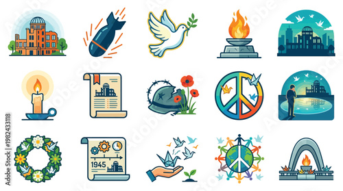 Collection of icons representing peace, remembrance, and historical events, featuring symbols like doves, bombs, candles, and monuments.