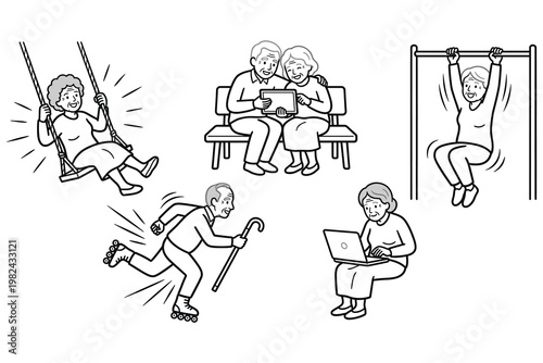 Elderly people enjoy active and healthy life through various activities illustrations set.
