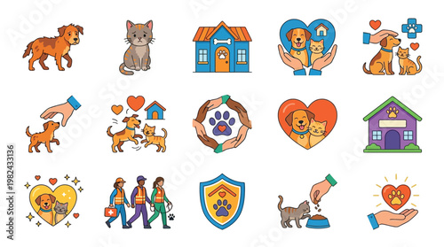Collection of charming cartoon icons representing animal care, adoption, and veterinary services, featuring dogs, cats, and loving human interactions.