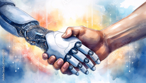 Human and robot hands shake against a futuristic circuit board background. Generative AI.