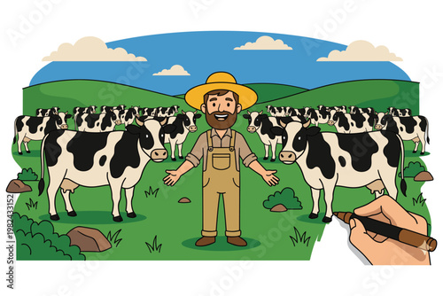 Farmer showing herd of cows on green meadow with blue sky and clouds.