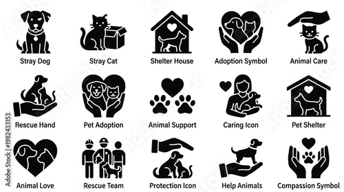 Collection of black and white icons representing animal welfare, adoption, and care services, including dogs, cats, and people.