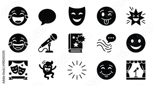 A collection of black and white icons representing various aspects of comedy, performance, and entertainment, including laughing faces, masks, microphones, and stages.