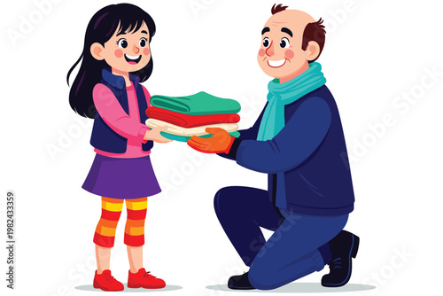 Little girl donating folded clothes to elderly man during winter season flat vector art.