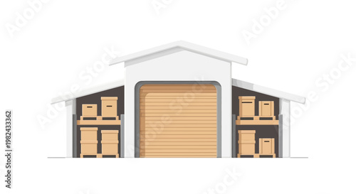 Modern Warehouse Building with Storage Racks and Cardboard Boxes for Logistics and Supply Chain Concept Illustration