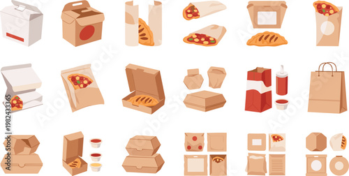 Pizza Packaging Box Collection Vector Set Featuring Takeaway Containers, Delivery Bags, Fast Food Boxes and Disposable Carton Designs for Restaurant Branding