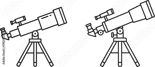 Professional Astronomical Telescope Vector Icon Set with Tripod Stand for Science Education, Space Observation, Astronomy Research, and Star Gazing Graphic Design Projects