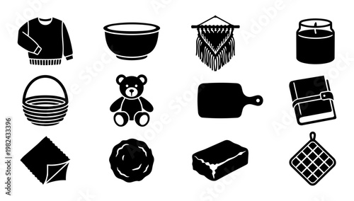 Handmade Product Icons Set, Artisan Craft Goods Silhouettes Collection for Etsy and DIY Branding