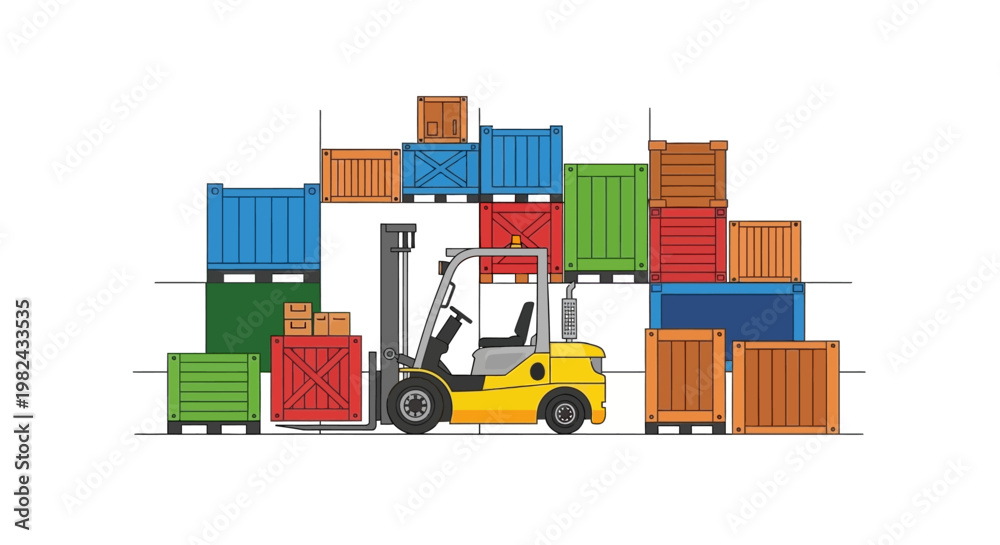 Naklejka premium Forklift Truck Moving Shipping Containers and Wooden Crates in Warehouse Logistics Flat Illustration