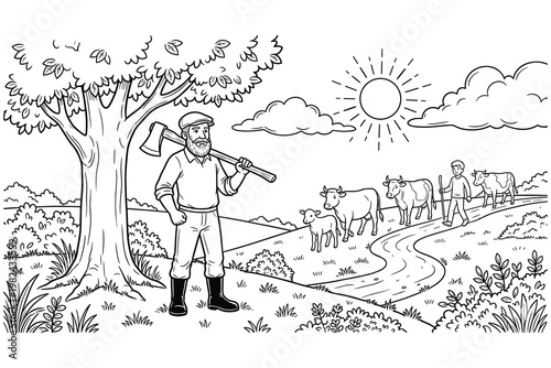Lumberjack with axe on shoulder watching boy herd cows down path on sunny day.