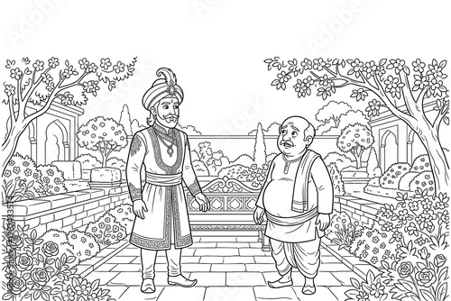 Maharaja and elderly man standing in beautiful indian garden with ornate bench.