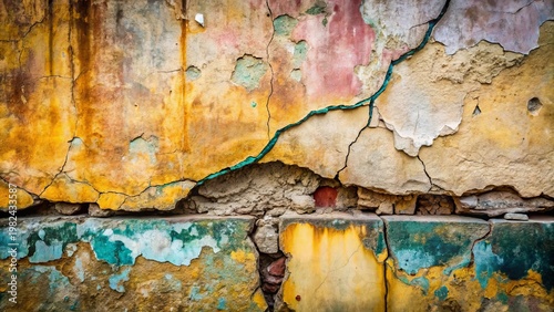 Ancient Wall Texture Awe-Inspiring Hues of Yellow, Teal, and Ochre with Extensive Cracking and Flaking Plaster