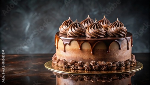 Decadent Chocolate Layer Cake with Swirled Chocolate Frosting and Ganache Drizzle on a Dark Background