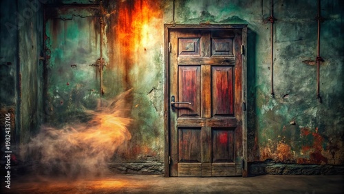 Mysterious Aged Wooden Door in a Smoky, Grungy Room with Hints of Fire