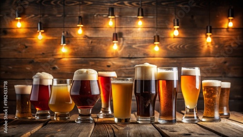 Assortment of Frothy Craft Beers in Various Glassware on Rustic Wooden Table with Warm Lighting