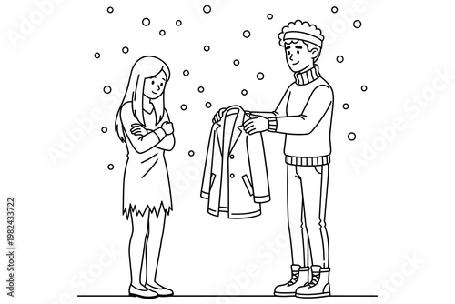 Man offers coat to woman in falling snow, illustration of cold weather kindness.