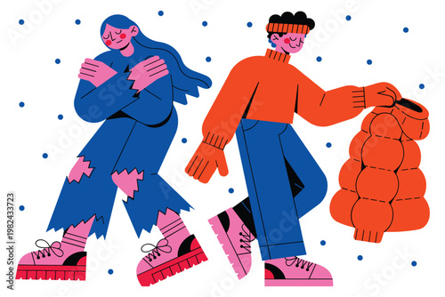 Man giving warm winter coat to freezing woman during cold snowy weather.