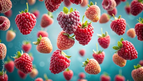 Suspended Raspberries in Mid-Air A Vibrant Cascade of Summer Fruits, Ripe and Juicy, Falling Gracefully Against a Teal Background