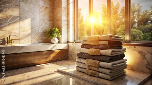 Luxurious bathroom with a stack of neatly folded towels bathed in warm sunlight streaming through a large window