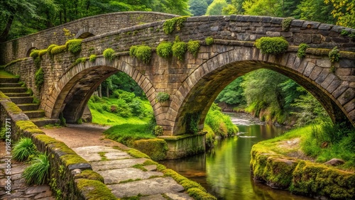 A Picturesque Stone Arch Bridge Spanning a Serene River, Nestled Amidst Lush Greenery and Mossy Stonework