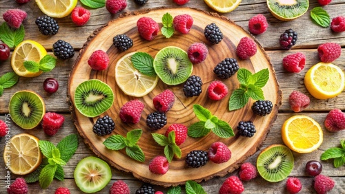 A delightful arrangement of summer fruits raspberries, blackberries, kiwi, and lemon slices artfully placed on a rustic wooden board, garnished with fresh mint leaves.