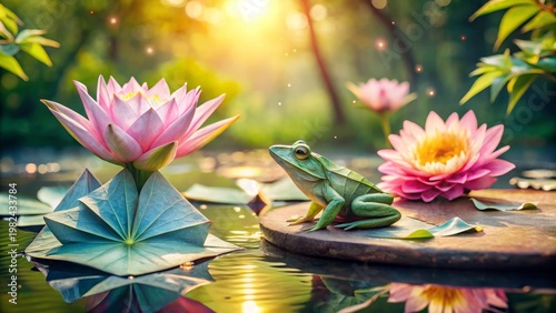 Serene aquatic scene featuring a tranquil amphibian perched on a lily pad amidst vibrant water lilies bathed in golden sunlight