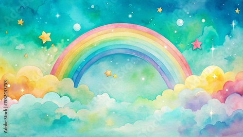 Whimsical Rainbow Arcing Over Pastel Clouds and Sparkling Stars in a Dreamlike Watercolor Sky