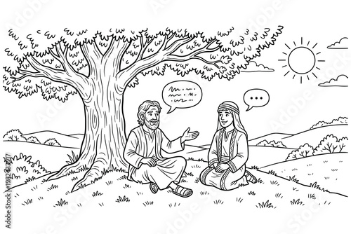 Two men discussing while sitting under tree on sunny day with hills in background.