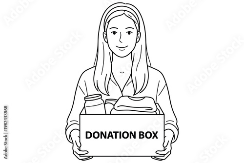 Woman holding donation box filled with food and clothing in simple line art style design.