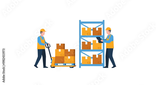 Warehouse Workers Managing Inventory and Logistics with Pallet Jack and Storage Racks Flat Vector Illustration