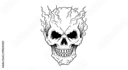 A scary human skull illustration on a black background featuring detailed white bones and teeth for a horror-themed Halloween tattoo design