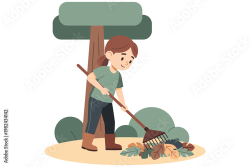 Young girl raking autumn leaves under a tree in garden outdoor activity.
