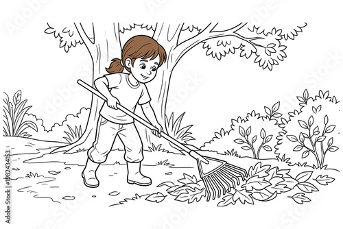 Young girl raking autumn leaves in garden under tree, outdoor activity.