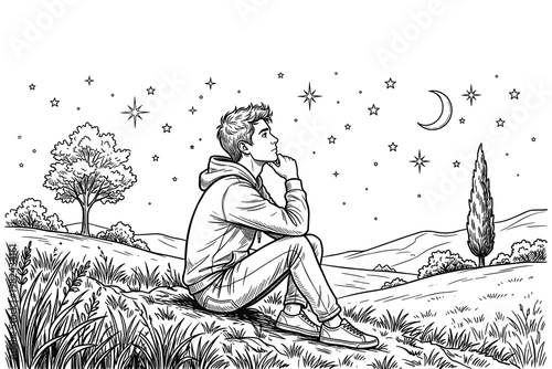Young man contemplating life under starry night sky, serene moment in nature.