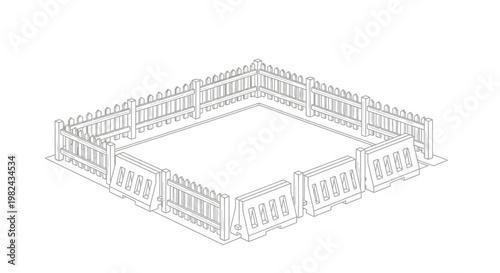Isometric Line Art of a Fenced Enclosure with Wooden Picket Fences and Concrete Road Barriers