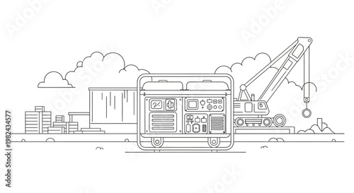Portable Electric Power Generator at Construction Site Minimalist Line Art Illustration