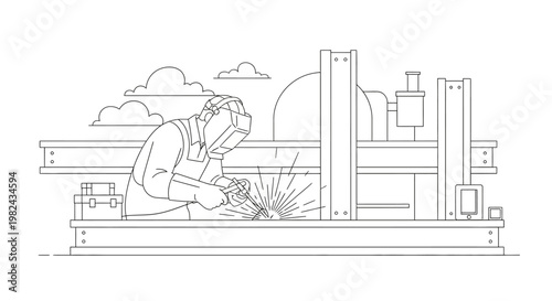 Minimalist Line Art Illustration of an Industrial Welder Working on a Steel Beam with Sparks on a Construction Site