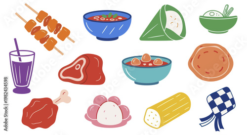 A vibrant collection of traditional Indonesian and Malaysian food items, including satay, rendang, ketupat, and various snacks and drinks.