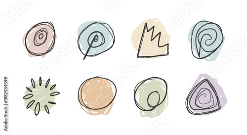 Abstract Hand-Drawn Doodle Shapes with Watercolor Splashes.