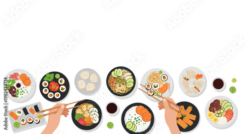 Asian Food Table Top View Flat Vector Illustration with Sushi, Dim Sum, Ramen, and Hands Holding Chopsticks on White Background.
