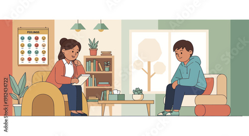 Child therapy session with a female psychologist and young boy.